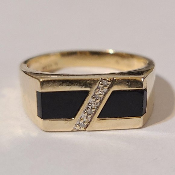 M&G Onyx Diamond Men's Ring Retro 10k Yellow Gold Size 10.5 AS IS - Picture 9 of 11